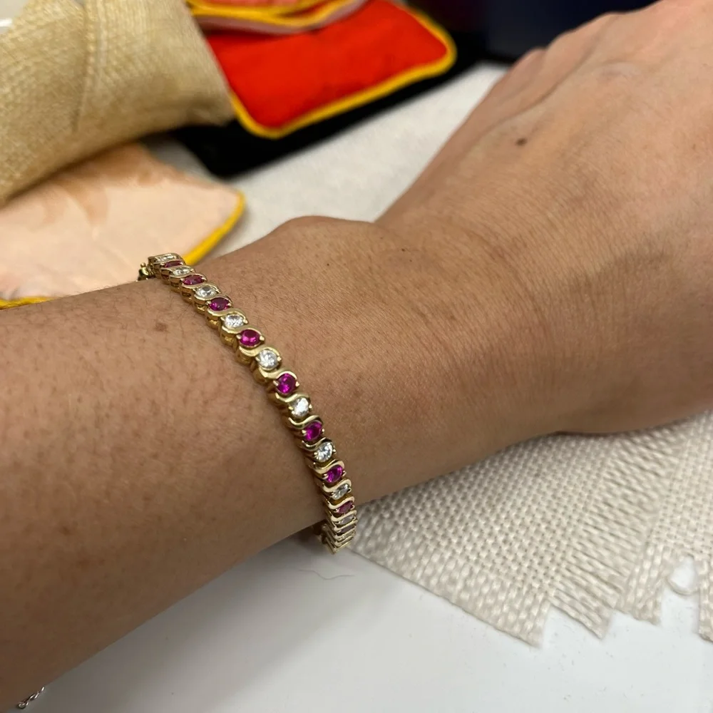 Vintage Gold Over 925 Sterling Silver Ruby & CZ Tennis Bracelet - Picture 6 of 16